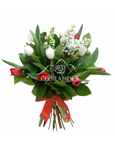 Buchet liliac alb si lalele