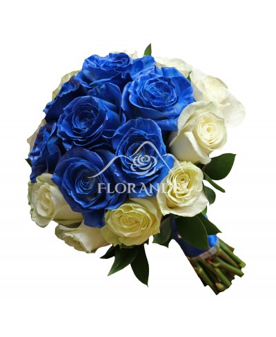 Buchet de mireasa cu trandafiri albi si albastri