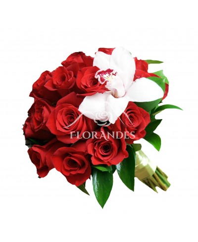 Buchet mireasa trandafiri rosii si orhidee cymbidium