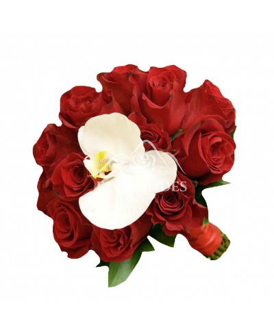 Buchet mireasa trandafiri rosii si orhidee phalaenopsis